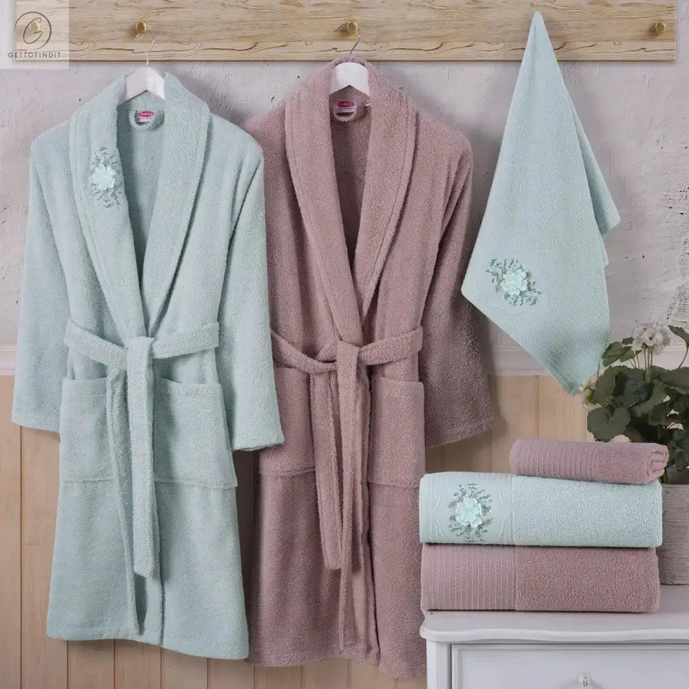 Cotton Comfort Bathrobe & Towel Set - Green/Beige Get To Find It, LLC