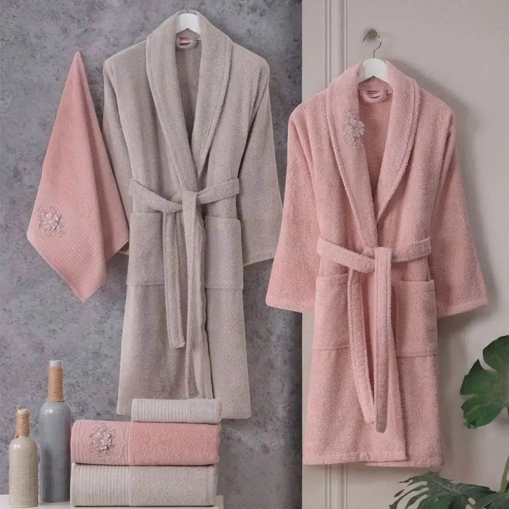 Cotton Bathrobe Set - Pink & Beige - Get To Find It, LLC