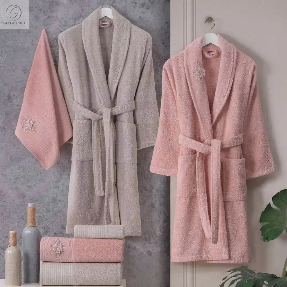 Cotton Bathrobe Set - Pink & Beige - Get To Find It, LLC