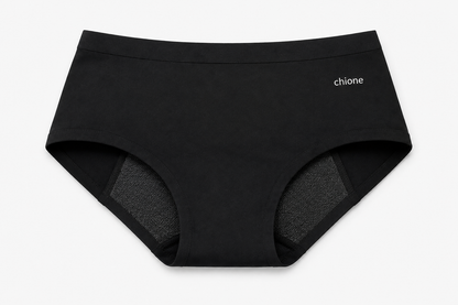 Black high-waisted briefs with a small white 'chione' logo on the upper right hip, displayed flat against a light gray background.