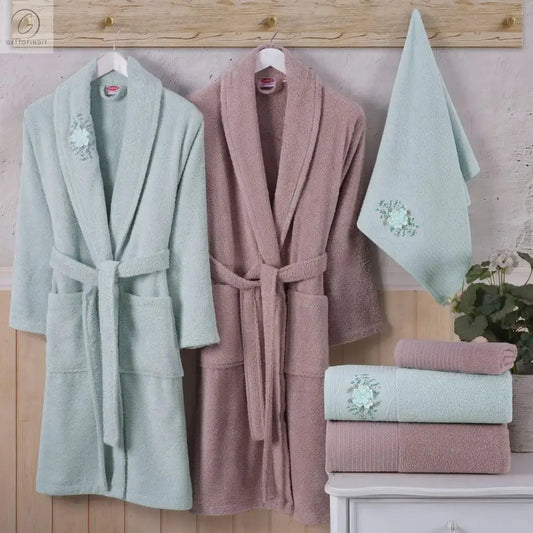 Cotton Comfort Bathrobe & Towel Set - Green/Beige Get To Find It, LLC