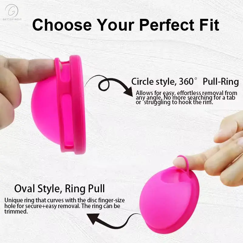 Pink silicone disc with pull-ring mechanism on a white background