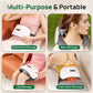 Massage device being used for abdominal, neck, leg, and lower back massages with text indicating multi-purpose and portable features.