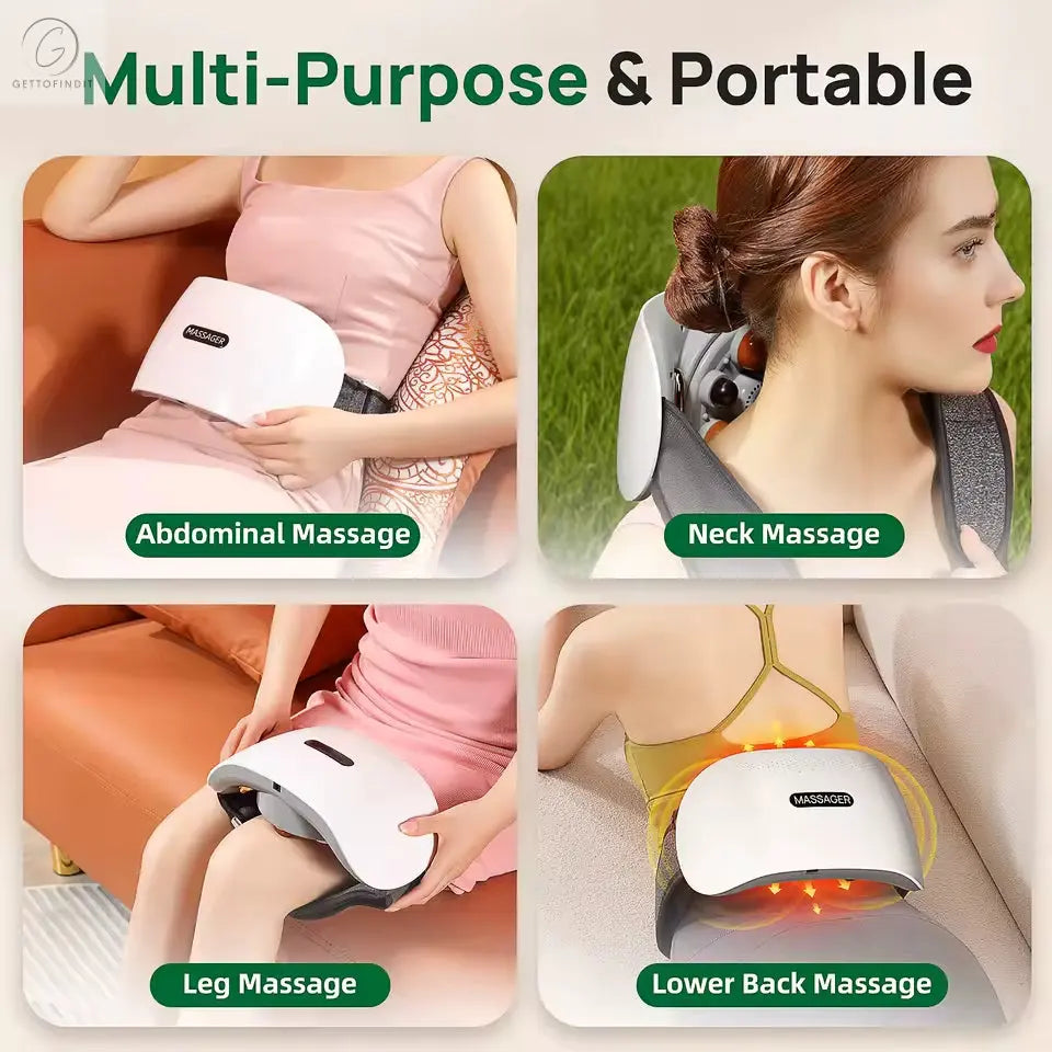 Massage device being used for abdominal, neck, leg, and lower back massages with text indicating multi-purpose and portable features.