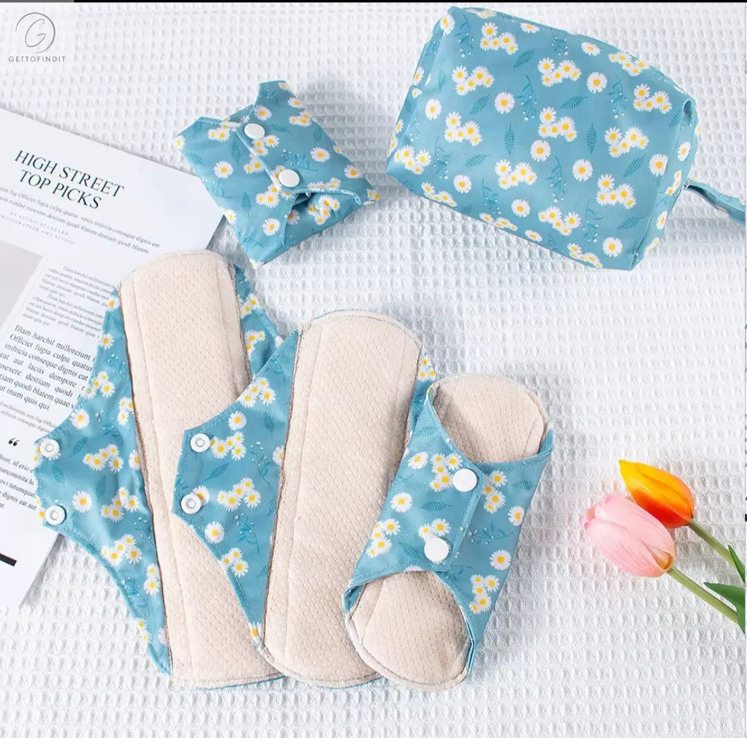 Reusable Sanitary Napkins — Washable Cotton Cloth Pads with Wet Bag (4pcs + 1 Mini Wet Bag) Get To Find It