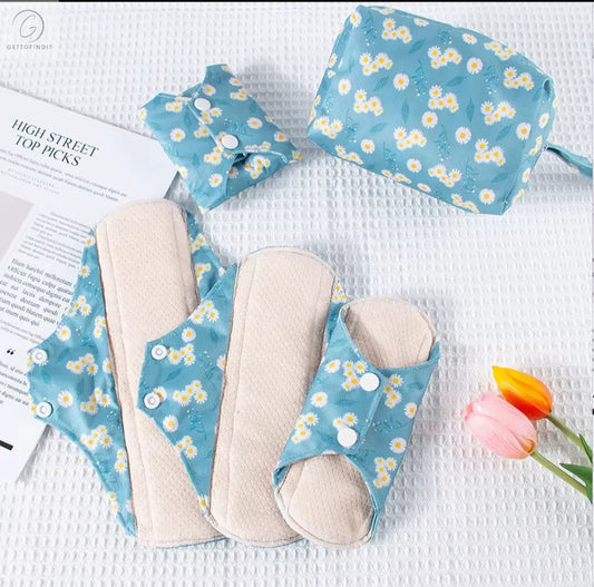 Reusable Sanitary Napkins — Washable Cotton Cloth Pads with Wet Bag (4pcs + 1 Mini Wet Bag) Get To Find It