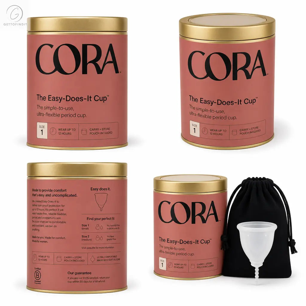 Cora menstrual cup packaging with gold lids on a white background