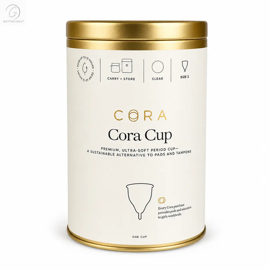 Cora Cup packaging with gold lid and white label on a white background