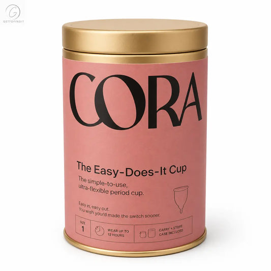 Cora period cup packaging with gold lid and pink label on a white background