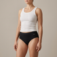 AI-generated fit illustration of an adult model wearing black CHIONE ELNE underwear and a white tank top.