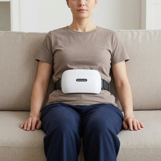 AI-generated illustration of a seated adult wearing the white abdominal massager belted over clothing.