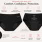 CHIONE ELNE front and inside-out views with gusset detail and four care steps: rinse cold, machine wash cold, no softener, hang dry.