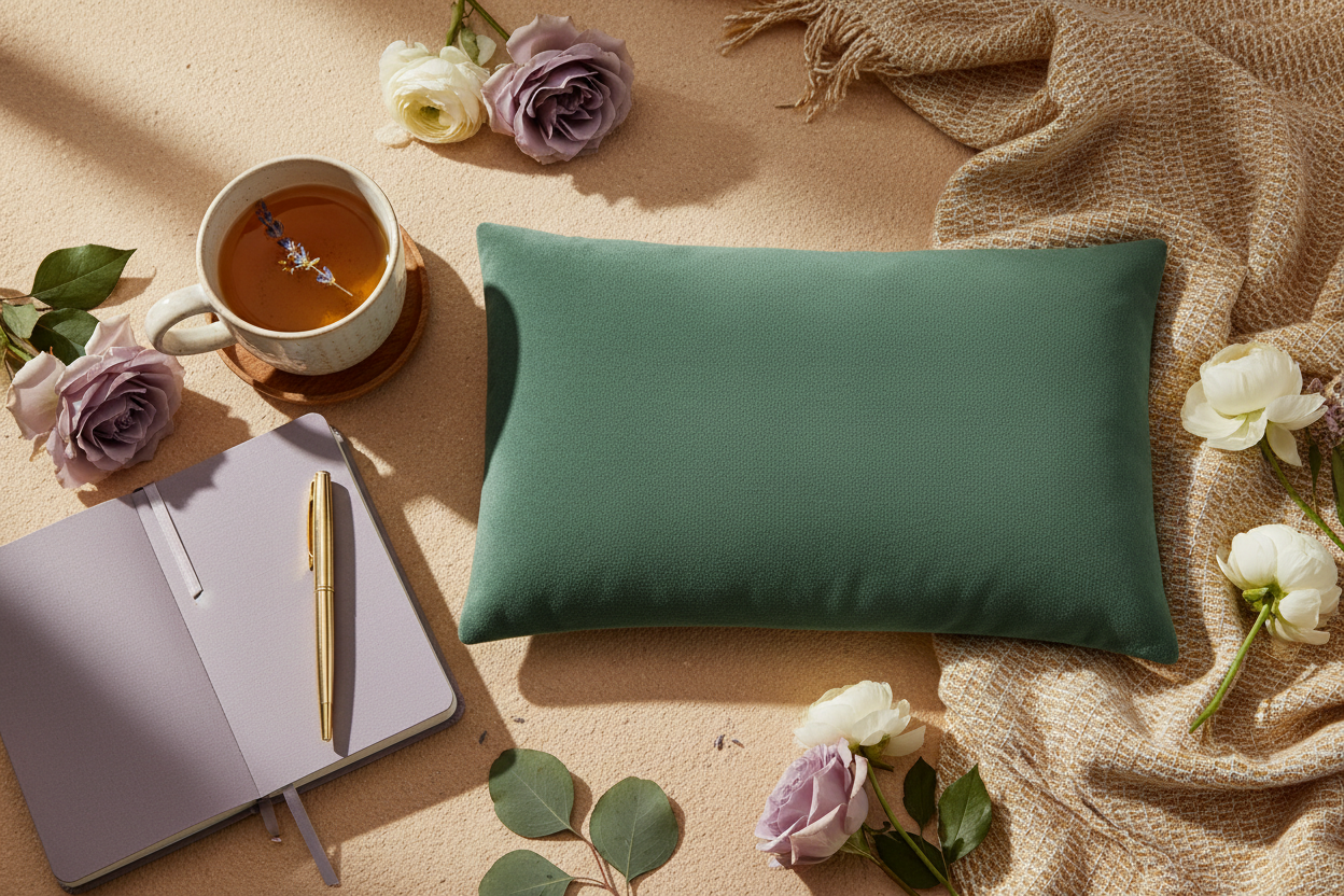 Period care wellness products arranged in a cozy flat-lay setting